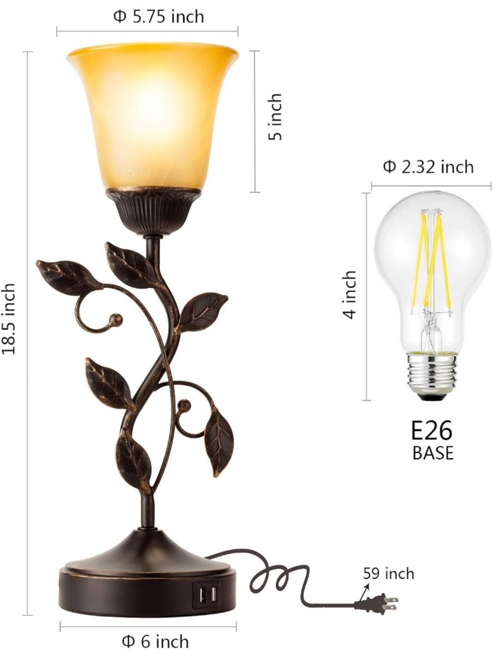 New Touch Control Leaf Vintage Table Lamp with 3-Way Dimmable 2 USB C+A Ports - Picture 6 of 6